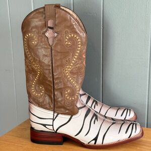 Ferrini Mens 12D White Tiger Stingray Print Square Toe Western Boots Brown
